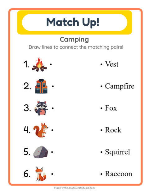 Preview of Matching worksheet featuring Camping for kindergarten