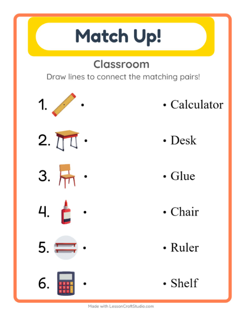 Preview of Matching worksheet featuring Classroom for kindergarten