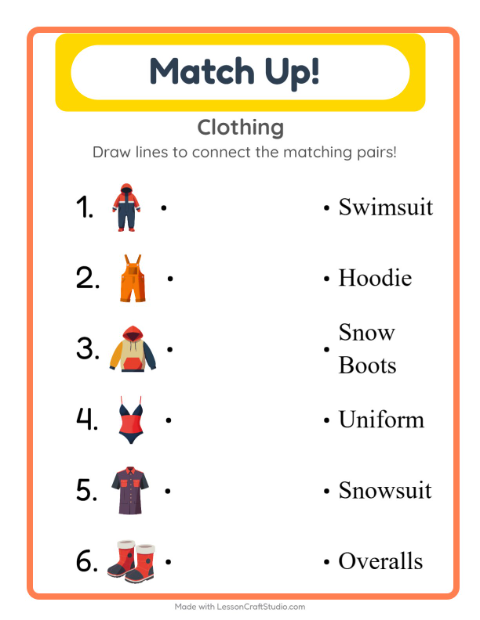 Preview of Matching worksheet featuring Clothing for kindergarten