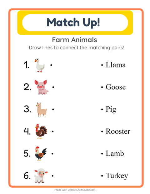 Preview of Matching worksheet featuring Farm Animals for kindergarten