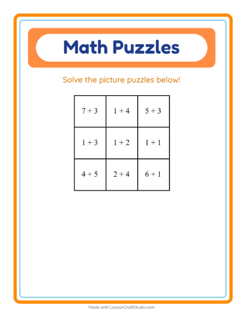 Preview of Math Puzzle worksheet featuring Activities for grade 1
