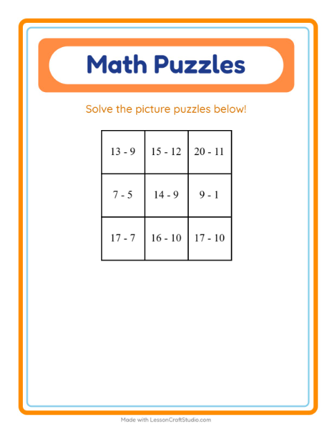 Preview of Math Puzzle worksheet featuring Activities for grade 1