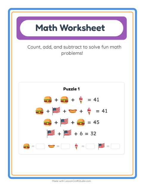 Preview of Math Worksheet worksheet featuring 4th of July for kindergarten