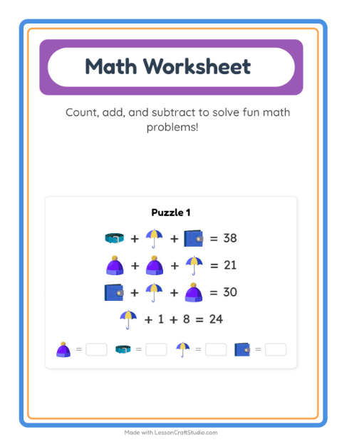 Preview of Math Worksheet worksheet featuring Accessories for kindergarten