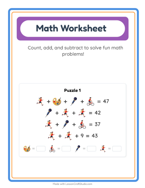 Preview of Math Puzzle worksheet featuring Toys for grade 1