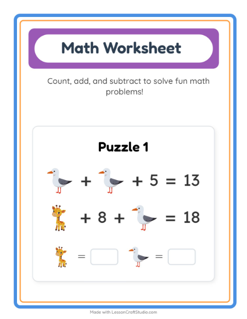 Preview of Math Worksheet worksheet featuring Animals for kindergarten