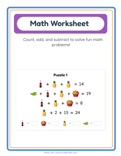 Preview of Math Worksheet worksheet featuring At the Supermarket for kindergarten