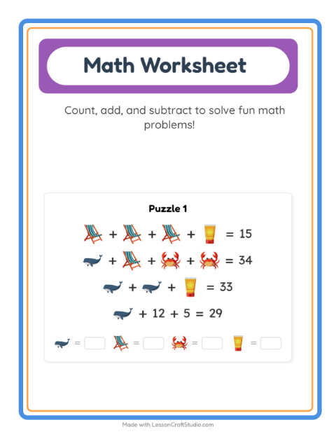 Preview of Math Worksheet worksheet featuring Beach for kindergarten