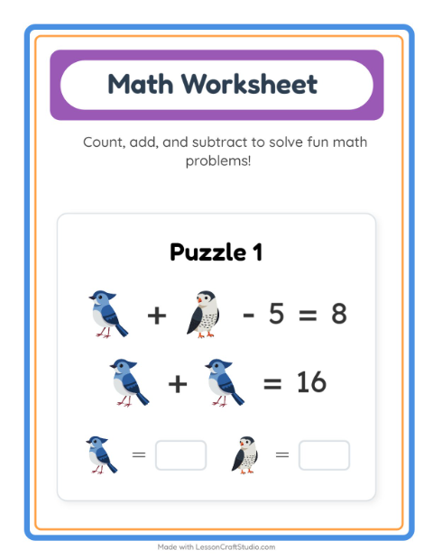 Preview of Math Worksheet worksheet featuring Birds 2 for kindergarten