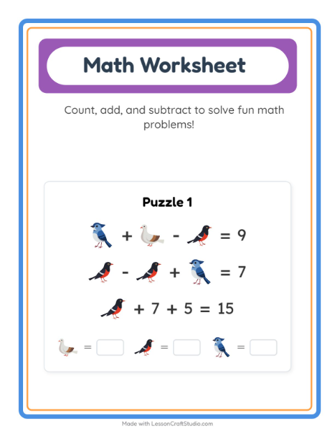 Preview of Math Worksheet worksheet featuring Birds 2 for kindergarten