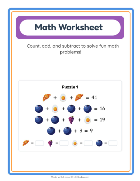 Preview of Math Worksheet worksheet featuring Breakfast for kindergarten
