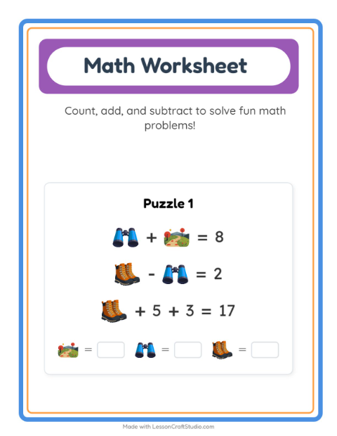 Preview of Math Worksheet worksheet featuring Camping for kindergarten