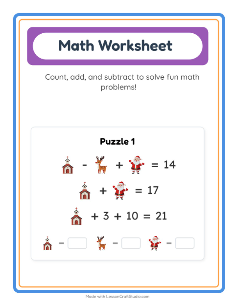 Preview of Math Worksheet worksheet featuring Christmas for kindergarten