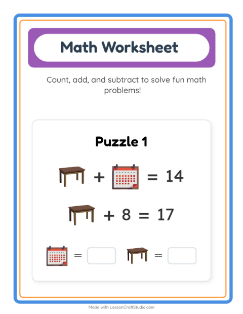 Preview of Math Worksheet worksheet featuring Classroom for kindergarten