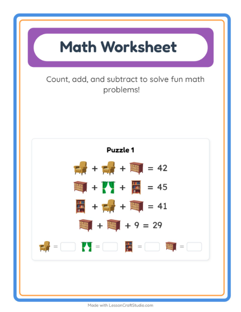 Preview of Math Worksheet worksheet featuring Furniture for kindergarten
