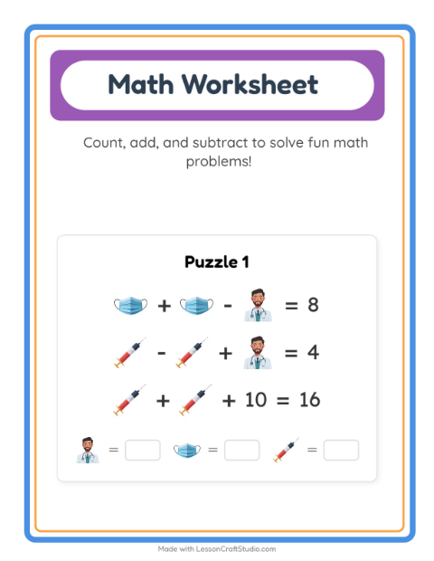 Preview of Math Worksheet worksheet featuring Hospital for kindergarten