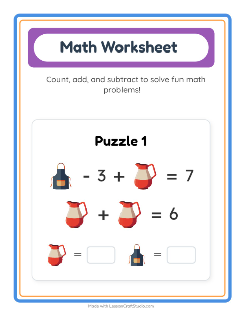 Preview of Math Worksheet worksheet featuring Kitchen Tools for kindergarten