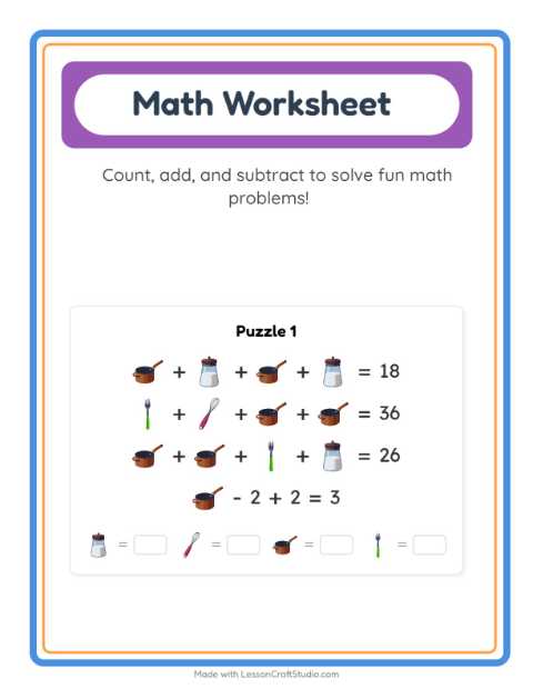 Preview of Math Worksheet worksheet featuring Kitchen Tools for kindergarten