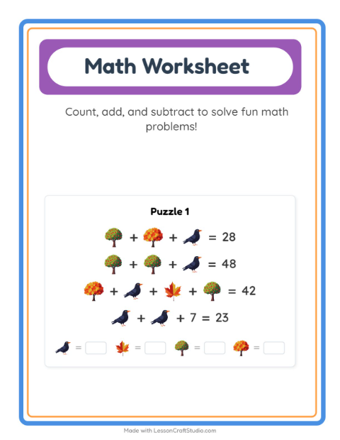 Preview of Math Worksheet worksheet featuring Miscellaneous for kindergarten