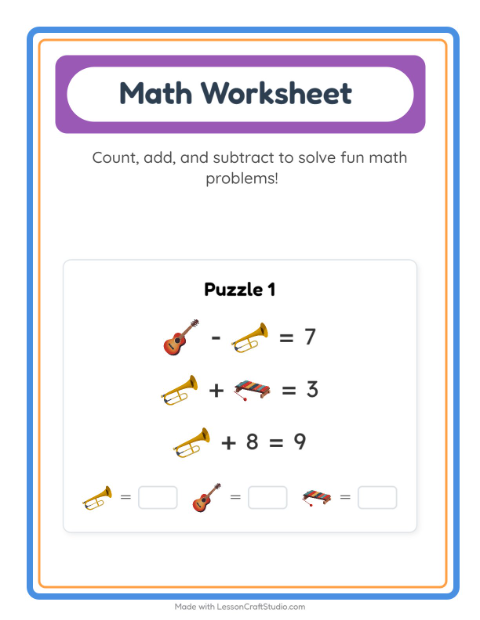 Preview of Math Worksheet worksheet featuring Music for kindergarten