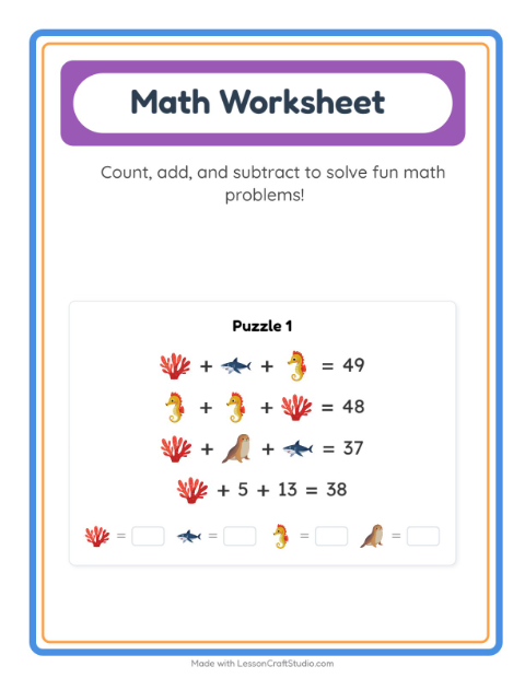 Preview of Math Worksheet worksheet featuring Ocean Life for kindergarten