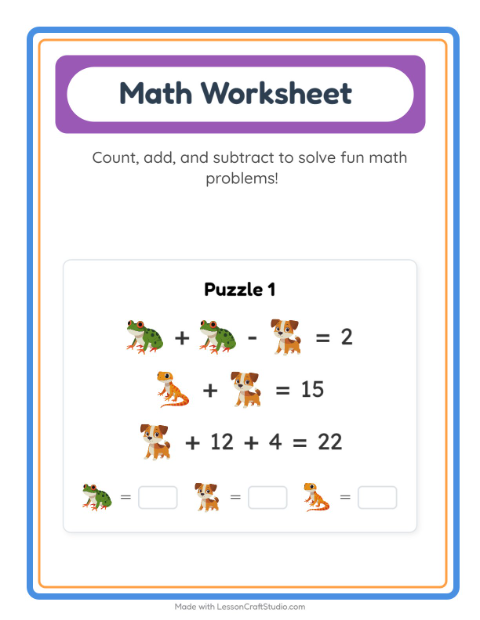 Preview of Math Worksheet worksheet featuring Pets for kindergarten
