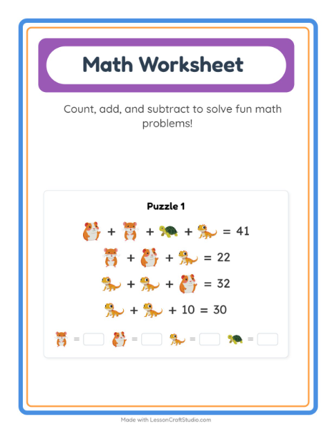 Preview of Math Worksheet worksheet featuring Pets for kindergarten