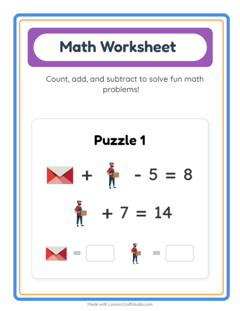 Preview of Math Worksheet worksheet featuring Post Office for kindergarten