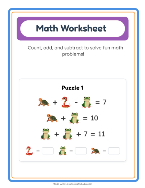 Preview of Math Worksheet worksheet featuring Reptiles and Amphibians for kindergarten