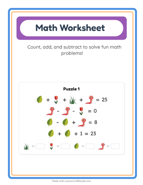Preview of Math Worksheet worksheet featuring Spring for kindergarten