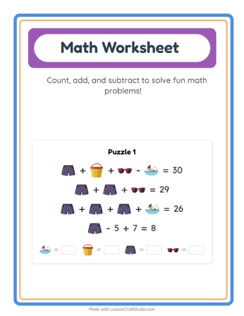 Preview of Addition worksheet featuring Household BW for kindergarten