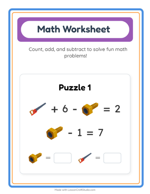 Preview of Math Worksheet worksheet featuring Tools for kindergarten