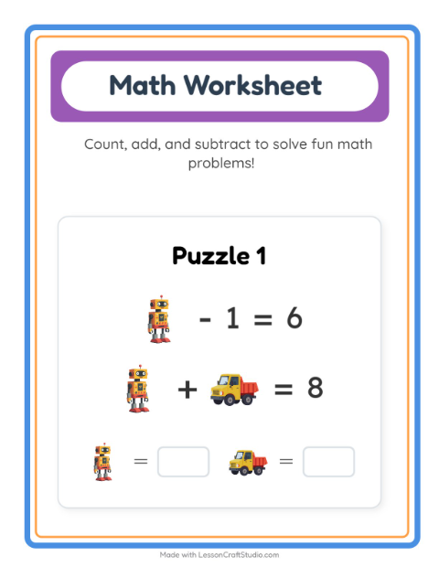 Preview of Math Worksheet with Toys: Trade Pictures for Numbers