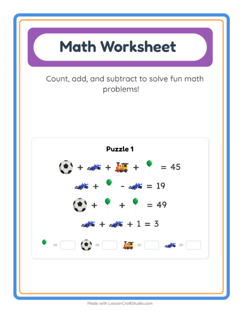 Preview of Math Worksheet worksheet featuring Toys for kindergarten