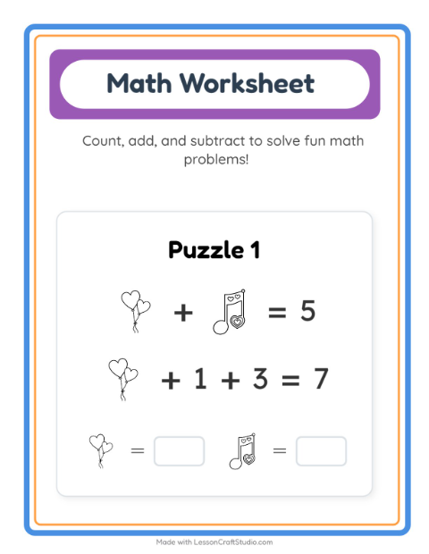 Preview of Math Worksheet worksheet featuring Valentine BW for kindergarten