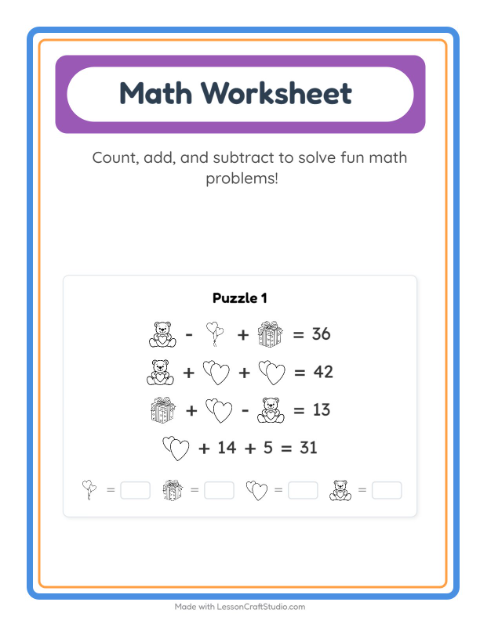 Preview of Math Worksheet worksheet featuring Valentine BW for kindergarten