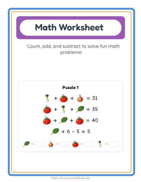 Preview of Math Worksheet worksheet featuring Vegetables for kindergarten