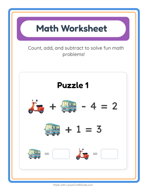 Preview of Subtraction worksheet featuring Accessories for kindergarten