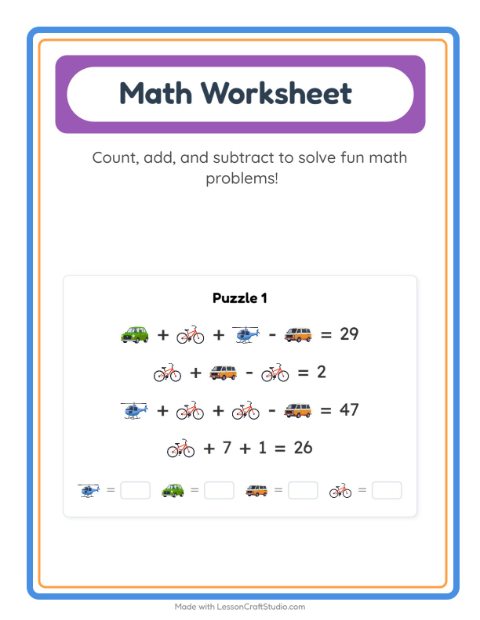 Preview of Math Worksheet worksheet featuring Vehicles for kindergarten