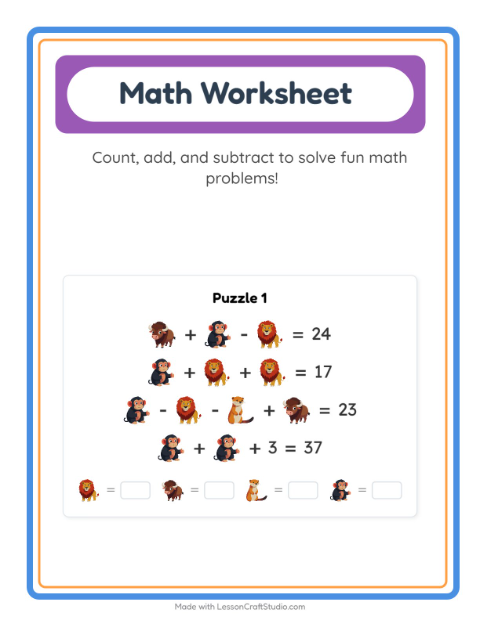 Preview of Math Worksheet worksheet featuring Zoo Animals for kindergarten