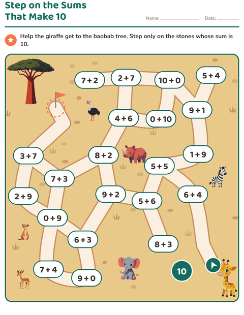 Preview of Addition Maze: Step Only on Sums That Make 10