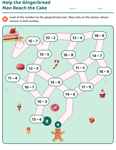 Preview of Subtraction Maze Within 20: Help the Gingerbread Man