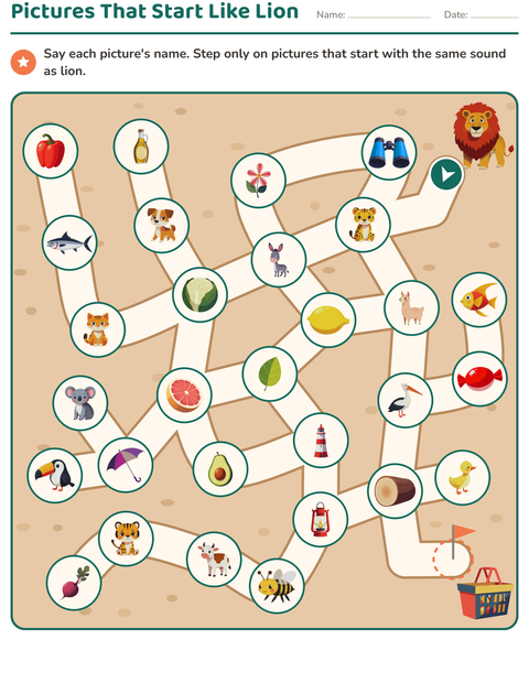 Preview of Beginning Sounds Maze: Pictures That Start Like Lion