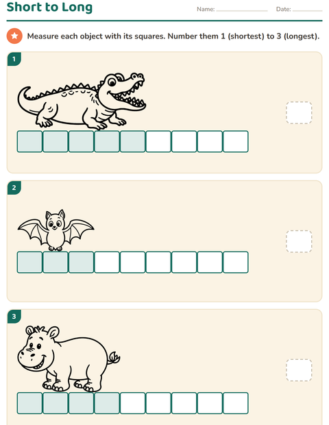 Preview of Measurement worksheet featuring Animals BW 5 for grade 1