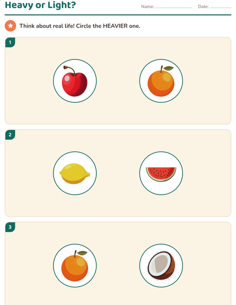 Preview of Measurement worksheet featuring Fruits for kindergarten