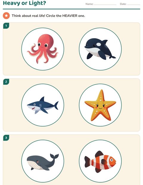Preview of Measurement worksheet featuring Ocean Life for kindergarten