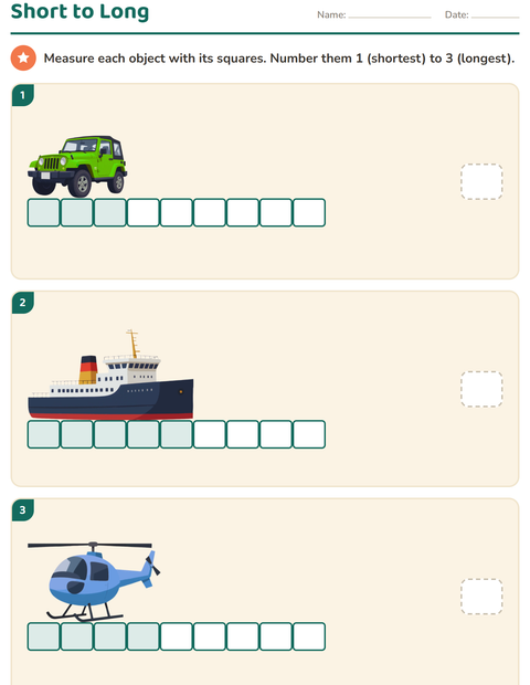 Preview of Measurement worksheet featuring Vehicles for grade 1