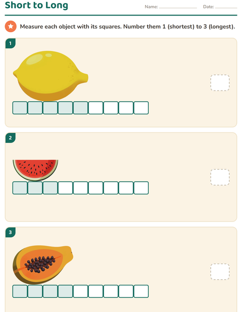 Preview of Measurement worksheet featuring Fruits for grade 1