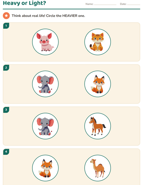 Preview of Measurement worksheet featuring Animals for kindergarten