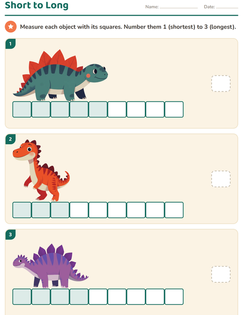 Preview of Measurement worksheet featuring Dinosaurs for grade 1